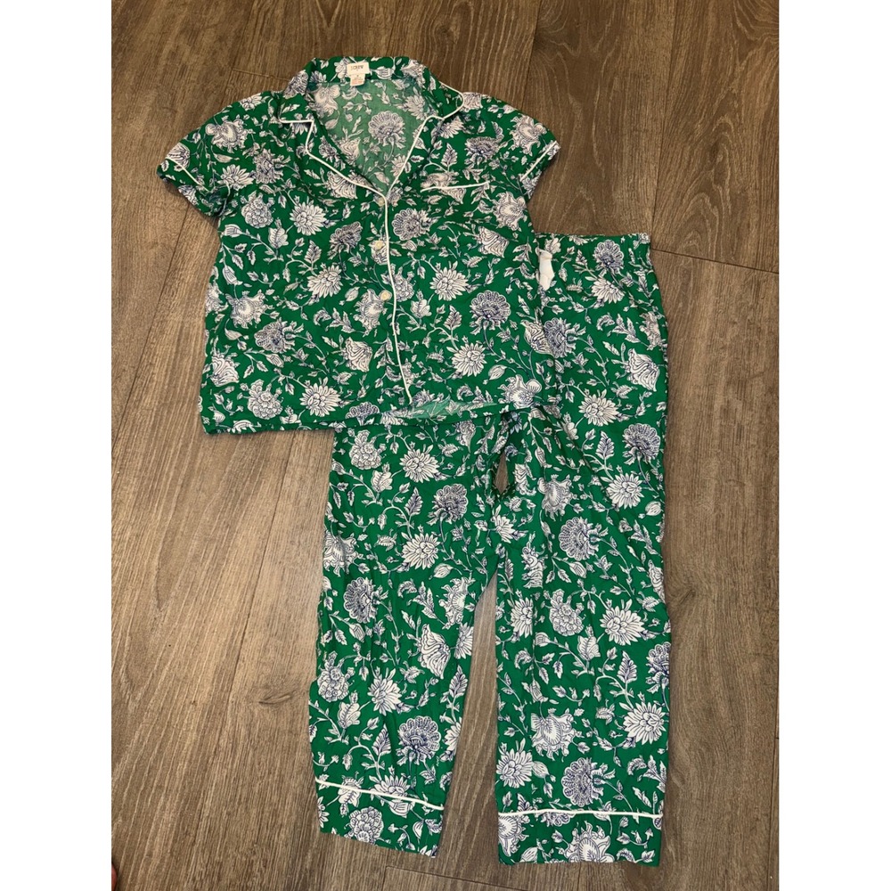 J.Crew Womens Green Floral Cotton Pajama Set Short Sleeve Crop Pants Size M
